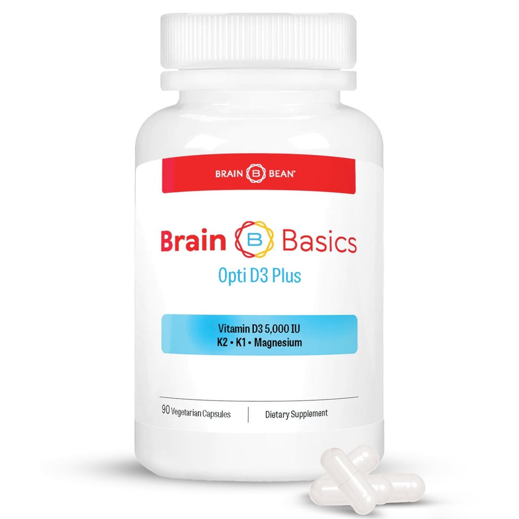 Cérebro Básico Opti D3 Plus - Vitamina D3 5000 UI com K1, K2 e Magnésio - Suplemento de suporte cerebral para humor, mente, memória - Osso, músculo e saúde imunitária - Sem glúten, sem soja e sem leite
