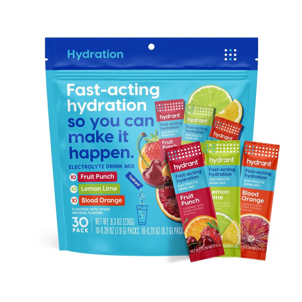 Hydrant - Hydration Powder Variety Pack, 30 pacotes de reidratação instantânea de eletrólitos individuais - Mistura de bebida de baixo açúcar para uso diário, viagens e exercícios