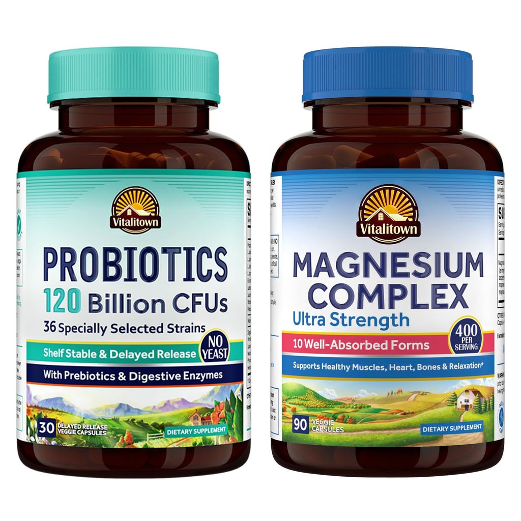 Vitalitown Probiótico + Pacote de Magnésio (Pacote de 2) Probióticos 120 Bilhões (Item 1) e 6- em-1 Complexo de Magnésio (Item 2) . .