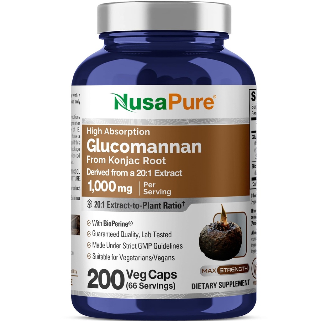 NusaPure Glucomannan 1000 mg por serviço 200 tampas de legumes (BioPerine, Non-GMO, Vegan) Konjac Root