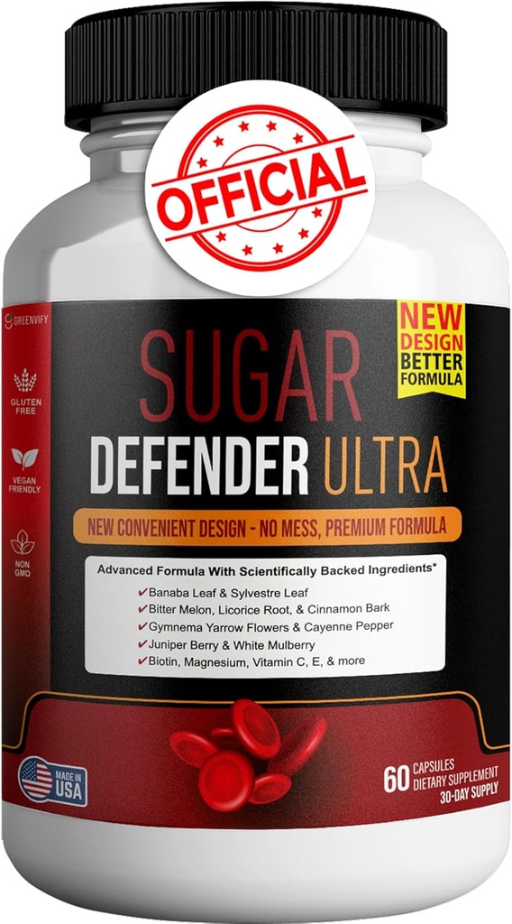Açúcar Defender Ultra - Fórmula avançada com vitaminas, Minerais, Folha de Banaba, e Mais - 60 Cápsulas, Vegan, Não-GMO, Sem glúten (1)