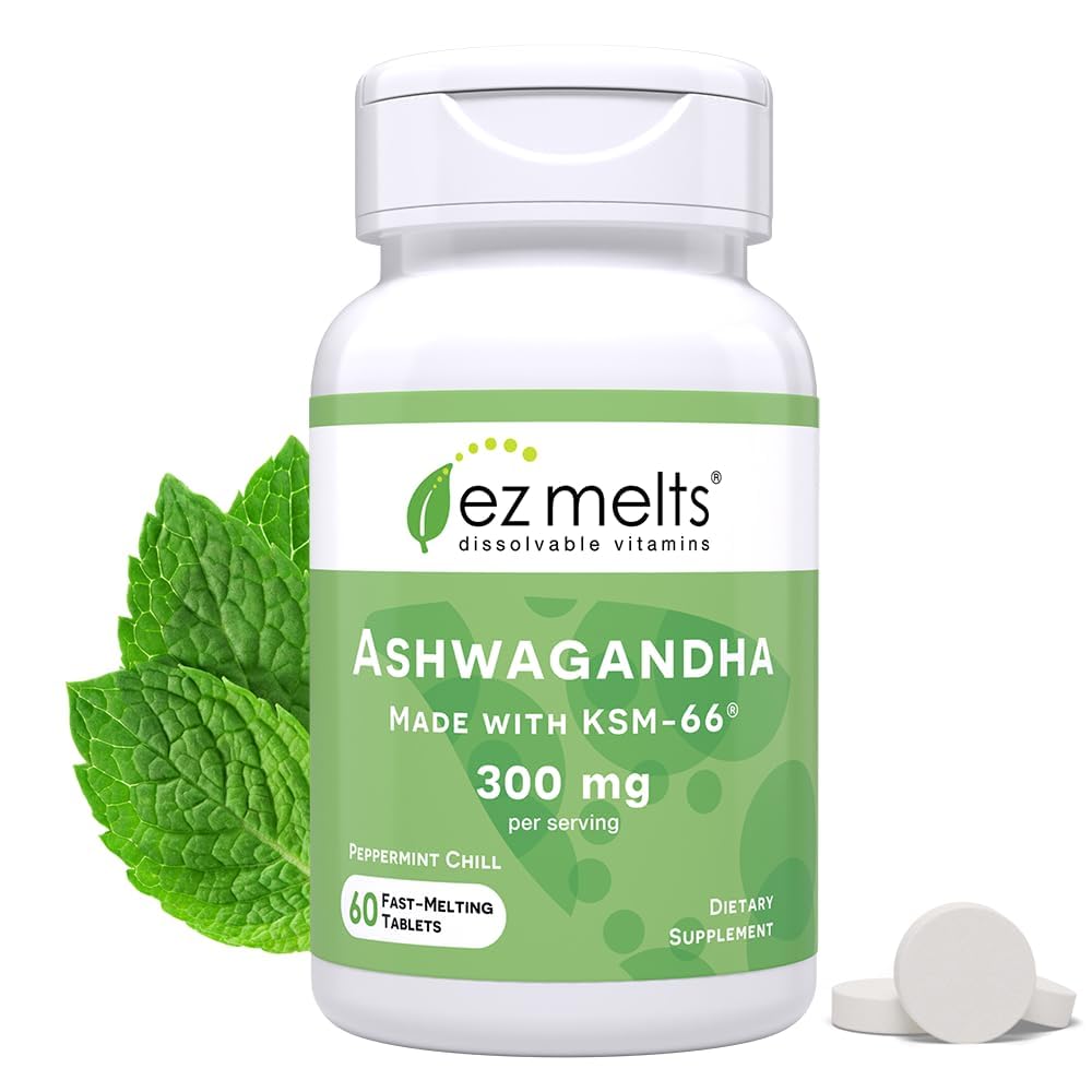 EZ Derrete Dissolvável KSM-66 Ashwagandha, 300 mg, livre de açúcar, estresse, sono e humor Suporte Suplemento, suprimentos de 30 dias, Chill-Flavor de hortelã - 1 pacote