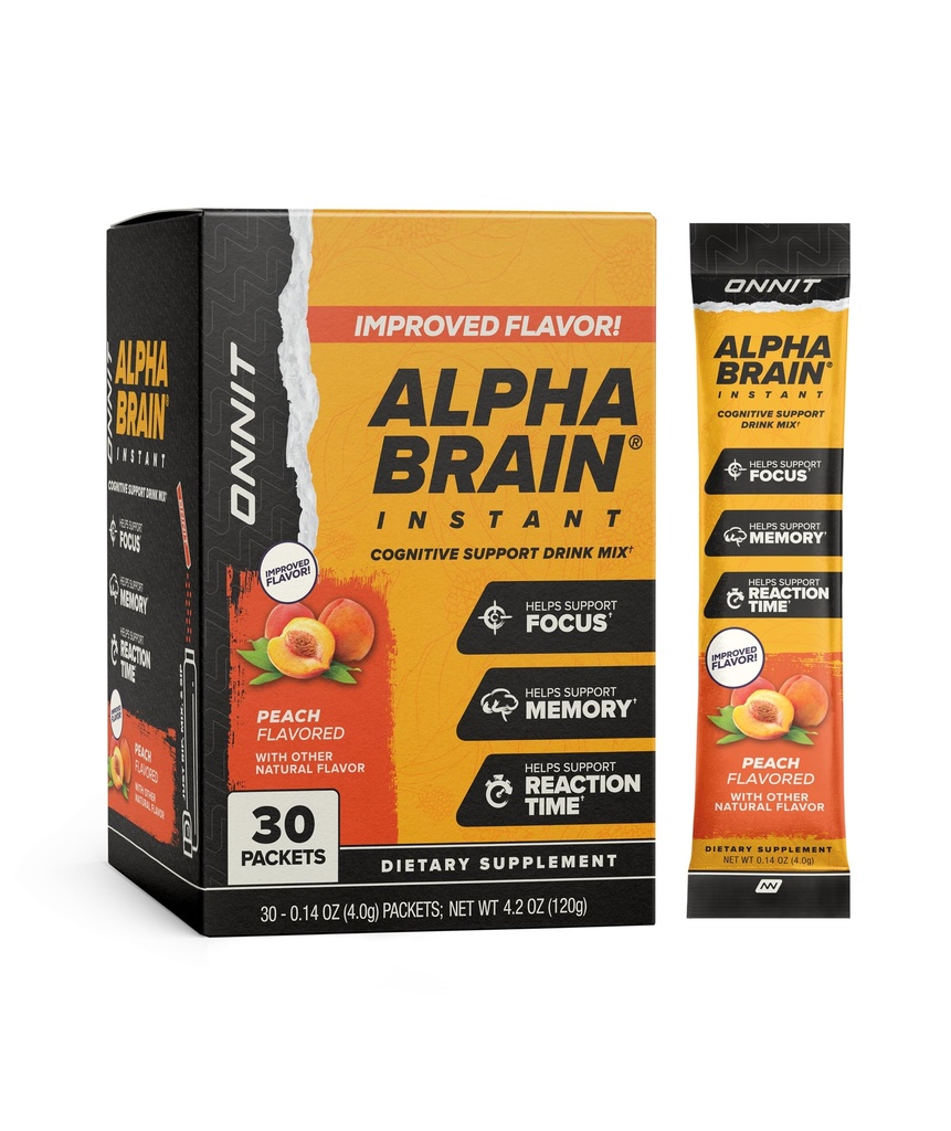 ONNIT Alpha Brain Instant Peach Flavor - Nootropic Brain Booster Memory Supplement - for Focus, Energy & Clarity - Alpha GPC Choline, Cats Claw, L-Theanina, Bacopa - 30ct