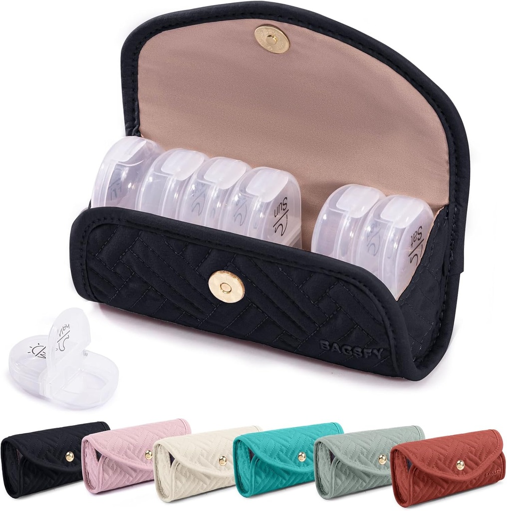 BAGSFY Organizador de pílulas semanais 2 vezes por dia em uma caixa de pílulas de tecido bonito, saco de medicina, caixa de pílulas AM PM 7 dias, caixa de viagem de medicação portátil para pílulas, vitaminas, óleo de peixe, suplementos.