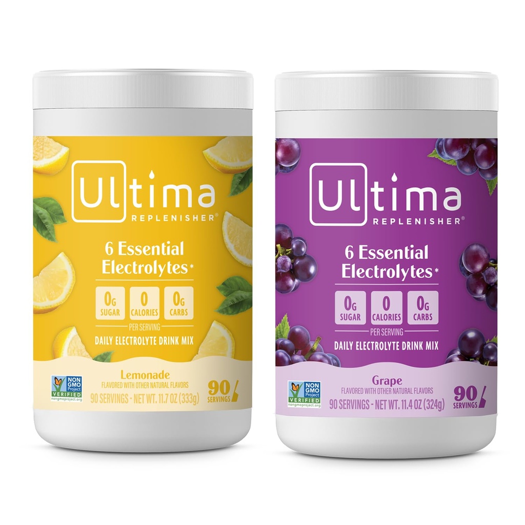 Ultima Replenisher Electrolyte Powder Drink Mix Bundle – Açúcar Grátis – Limonada e Uva, 90 Servings – Hydration Powder - 6 Eletrolytes chave e Trace Minerals – Keto Friendly, Non-GMO