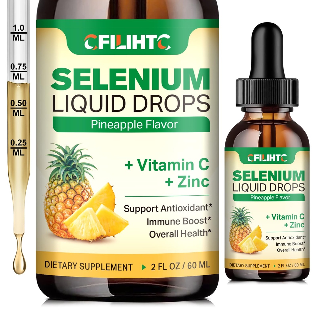 Selenium Liquid Drops, 200mcg Liquid Selenium Supplement with Vitamina C & Zinc, Support for Imune System, Antioxidante & Saúde do Coração, Alta Absorção, Sabor de Abacaxi, 2 Fl Oz