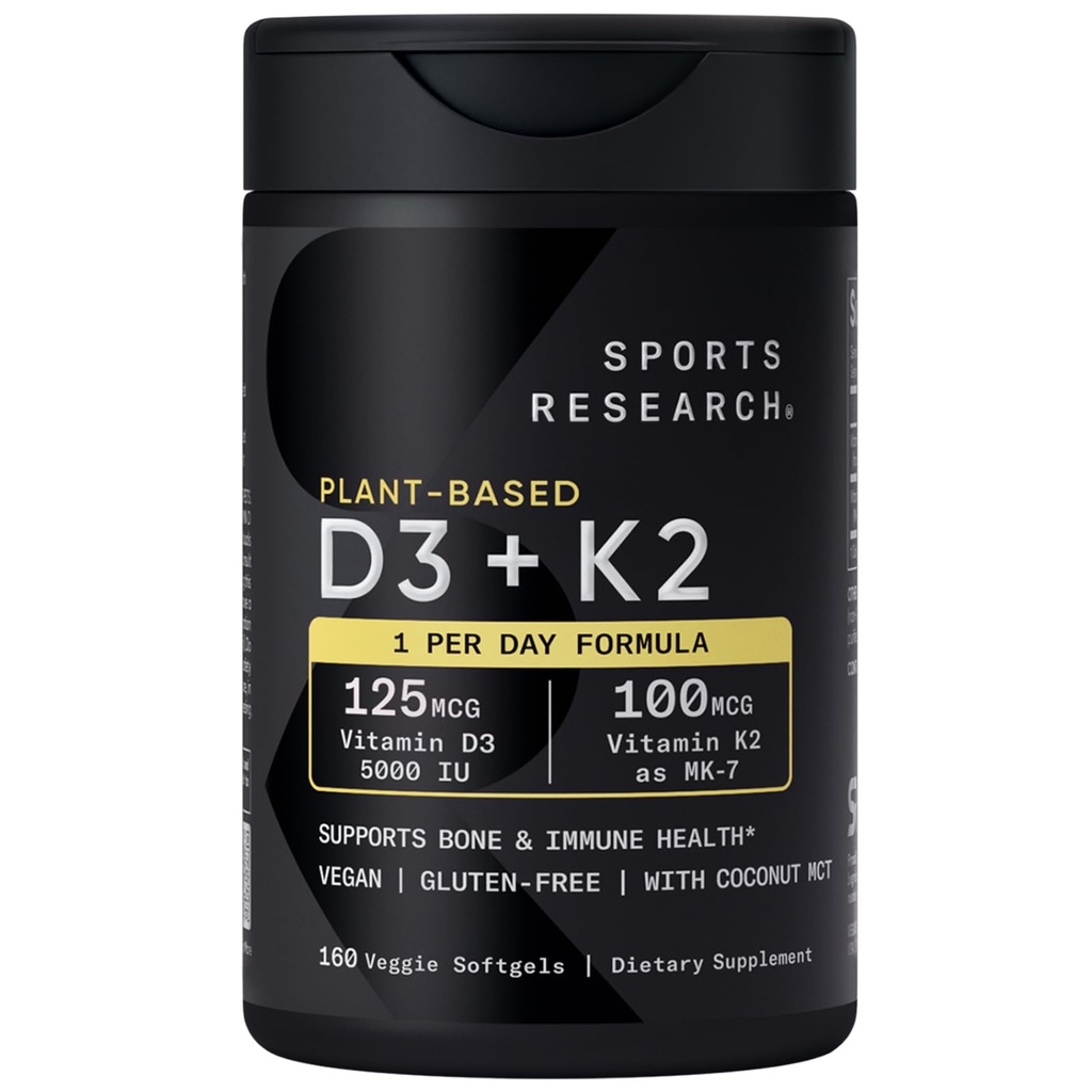 Esportes Pesquisa Vitamina D3 K2 com 5000iu de D3 com base em plantas e 100mcg de vitamina K2 como MK-7, Não-GMO verificado & Vegan Certificado - 160 líquidos Softgels