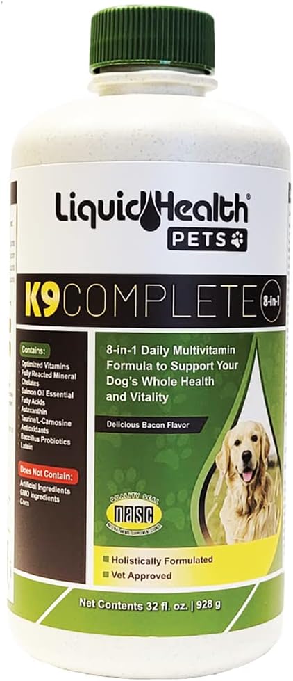 LIQUIDHEALTH Animais de estimação K9 Completo 8-em-1 Multivitamínico Líquido para Cães e Filhotes Seniores Adultos, Tudo em Uma Fórmula Completa Vitaminas Caninas para Pele e Revestimento, Saúde Conjunta, Suporte Immune - EUA Made (32 onças)