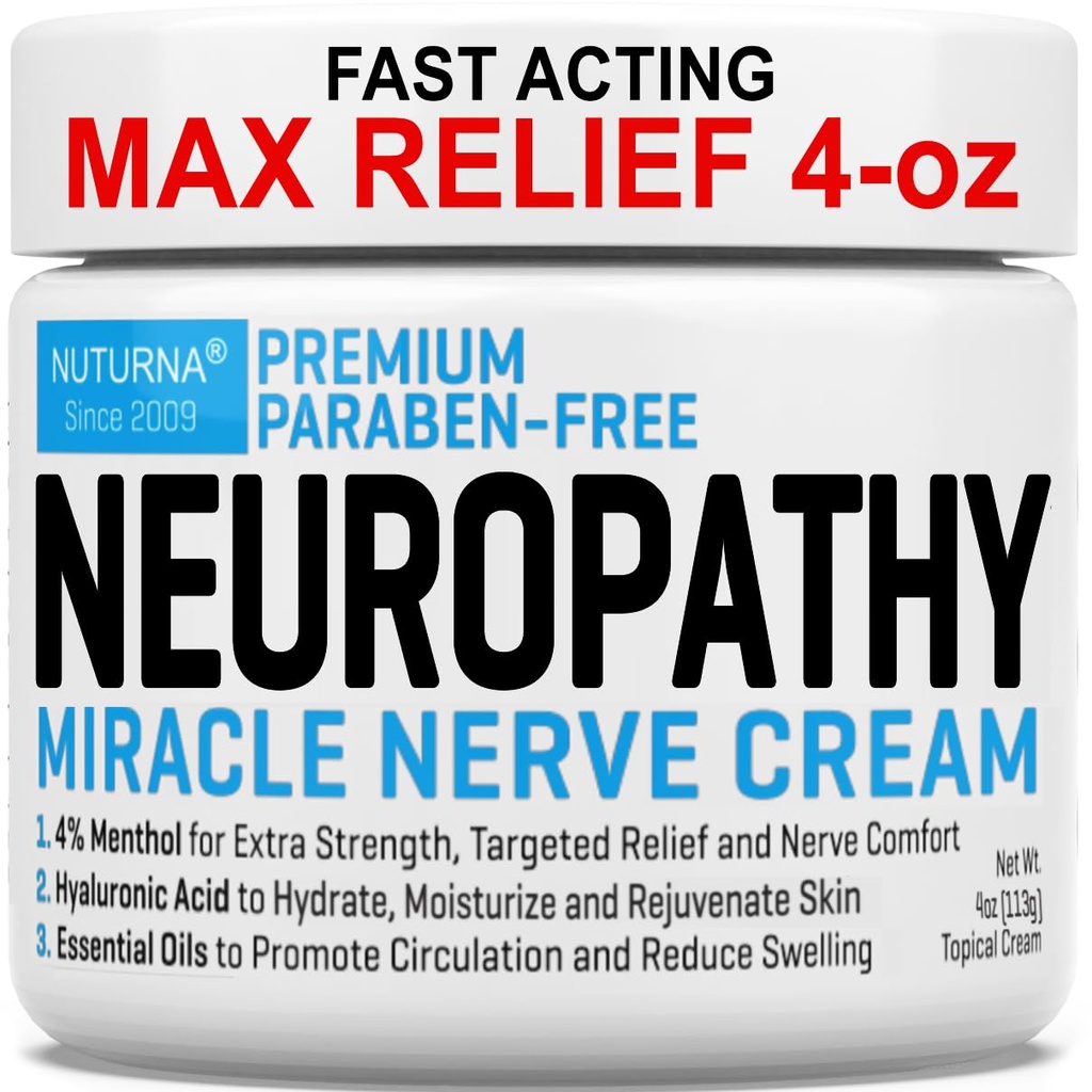 Neuropatia Nerve Relief Cream - Premium Nerve Cream 3X Ação para o alívio alvo e calmante Nerve Comfort - Força máxima com 4% Menthol Arnica HSH para pés mãos Pernas dedos e costas - Grande 4 Oz