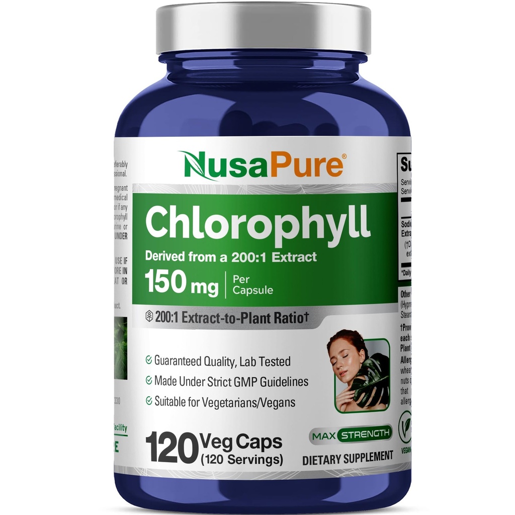 NusaPure Chlorophyll 200:1 Extract, 150 mg Equivalente a 30.000 mg por cápsula 120 Cápsulas Vegetarianas (Não-GMO, Vegan)