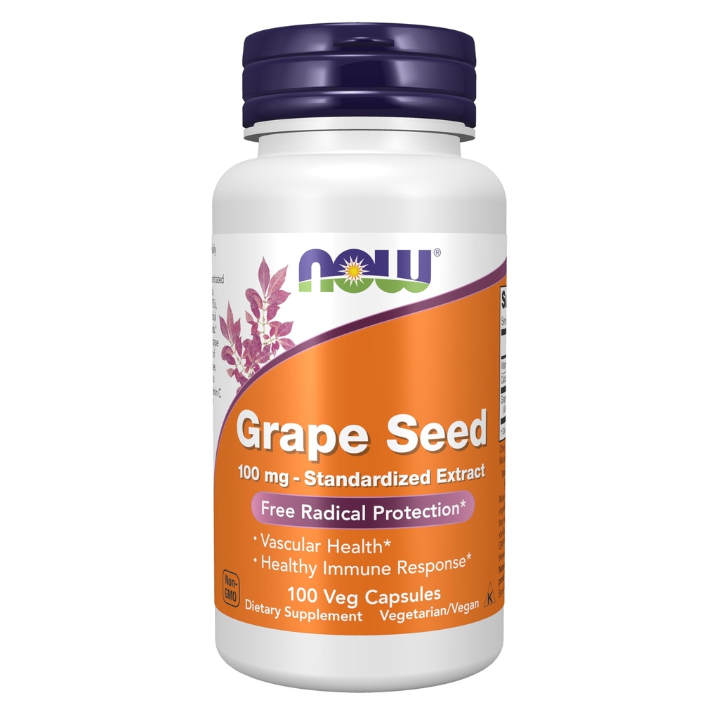 Now Supplements, Grape Seed 100 mg - Extrato padronizado, Extrato altamente concentrado com um mínimo de 90% de polifenóis, com vitamina C, 100 Veg Cápsulas