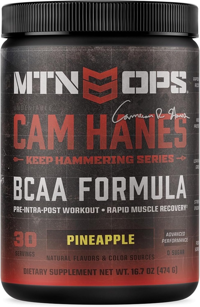 MTN OPS Cameron Hanes BCAA Pó Manter Hammering Series, 2:1:1 Aminoácidos Suplemento Pó para Recuperação Músculo Rápido e Reparação com Zero Açúcar e Glúten Livre - 30-Serving Tub
