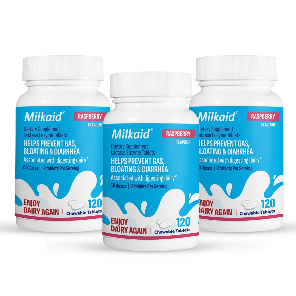 Milkaid Lactase Enzima Comprimidos mastigáveis para Lactose Intolerância Alívio □ Previne Gás, Bloating & Diarrhea