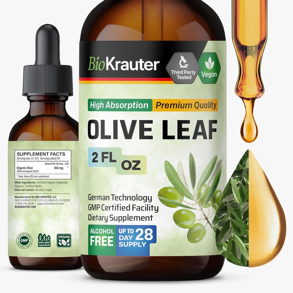 BIO KRAUTER Olive Leaf Extract Liquid - Tintura de Folha de Oliva para Apoio Imune - Álcool e Açúcar Livre - Vegan Drops 2 Fl.Oz.