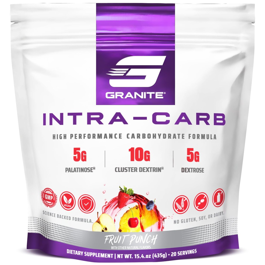 Granito Intra Carb Pó, Fruit Punch Flavor, mistura carboidratada de alto desempenho com cluster Dextrina, Palatinose e Dextrose, Suporta Energia e Treinamento (20 Servões)