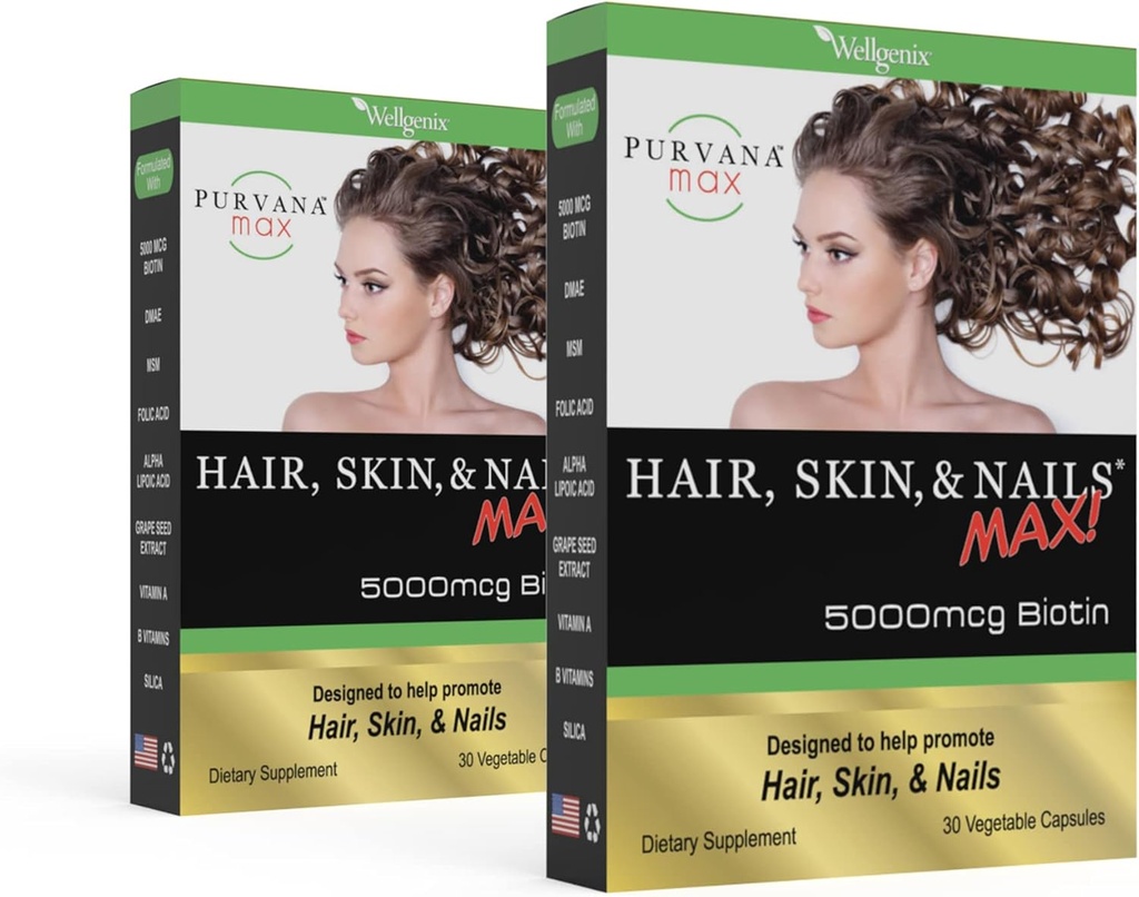 Purvana Max Cabelo, Pele, e unhas Vitamina - 5000mcg Biotina, Ácido Fólico, DMAE, Extrato de Sementes de Uva - Um dia de cabelo Vegan, Pele, Suporte de unhas - Promove a produção de colágeno - 30 Caps (Pacote de 2)