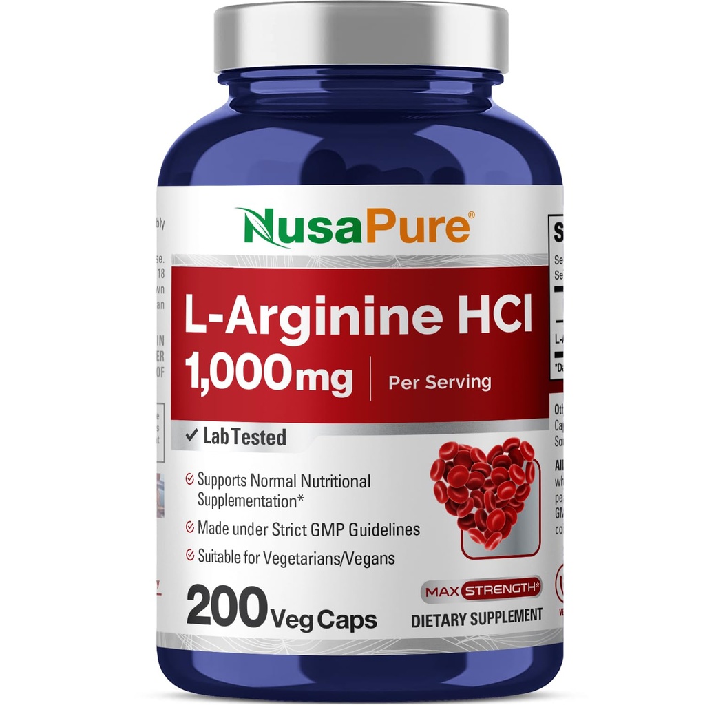 NusaPure L-Arginina 1000 mg 200 Cápsulas Veggie (Não-GMO, Vegetariana, Vegan)