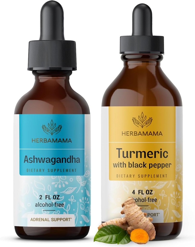HERBAMAMA Kit de gotas líquidas de ervas - pacote de extrato de raiz de Ashwagandha e açafrão com pimenta preta tintura 2 fl oz - Vegan, Não-GMO, Açúcar & Álcool - 2 Pack