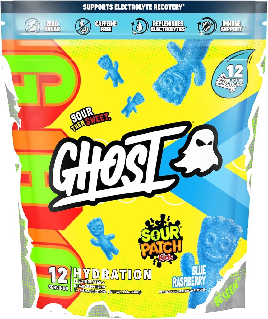 Pacotes de Hidratação GHOST, Azedo Patch Crianças Framboesa Azul, 12 Varetas, Pó de Eletrolítico - Beber Suplemento Mix com Magnésio, Potássio, Cálcio, Vitamina C - Vegan, Livre de Soja, Açúcar & Glúten