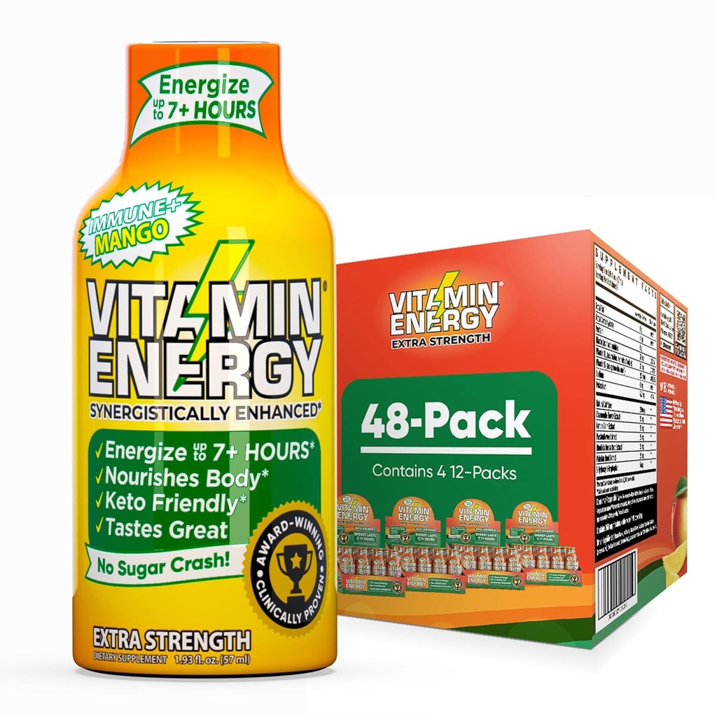 Vitamina Energia Imune+ Força extra Energia Shot Mango 48 Pack, 260mg Cafeína Natural, B-Vitaminas, Citicolina, Chá Verde, Imunidade e Foco Suporte, Açúcar Zero, Sem glúten 1,93 fl oz