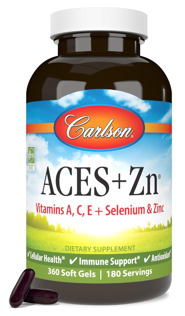 Carlson - ACES + Zn, Vitaminas A, C, E + Selênio e Zinco, Multivitamina com Zinco, Saúde Celular e Suporte Imune, Multivitamina de Selênio, Antioxidante, 360 Softgels