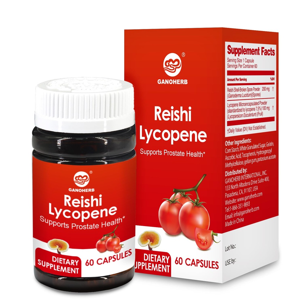Suplemento de Lycopeno 100mg, Extrato de tomate natural com Cogumelo Reishi 200mg, Cápsula de cogumelos para saúde imunitária, Sem glúten, Não-GMO, Vegan, 60 Cápsulas de liberação rápida