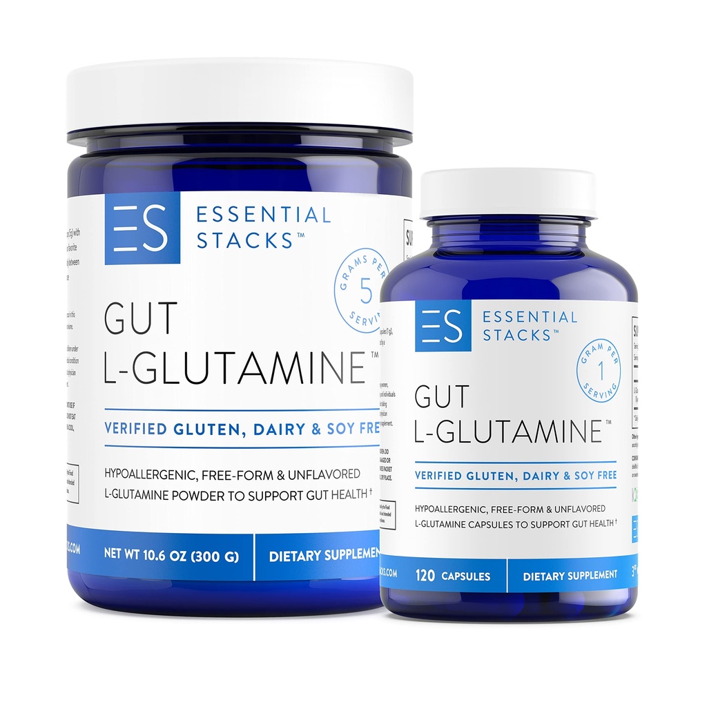 Pilhas essenciais L-Glutamina Casa e Away Bundle - L Glutamina Pó e Cápsulas