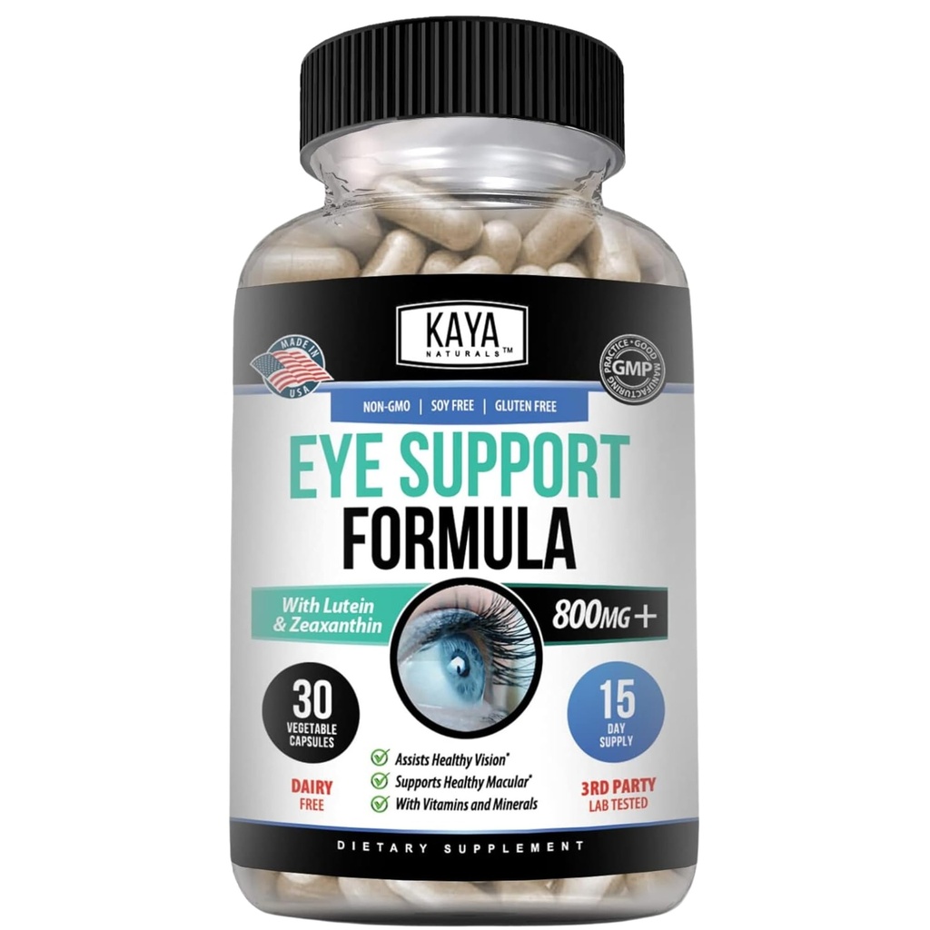 Kaya Naturals Suplemento de saúde ocular, Lutein e Zeaxanthin, Saúde da visão, Strain Eye Support 800 mg Suplemento de vitamina 30 Cápsulas