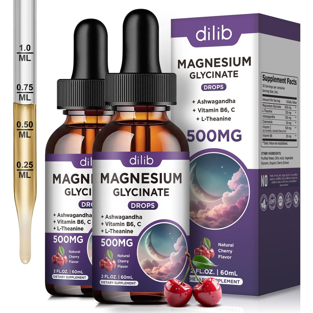 (2 Pack) Glic Drops de magnésio líquido 500mg, com Vitamina B6, Ashwagandha, L - Theanina, Camomila, Suplemento de magnésio Glycinate alta absorção para sono, estresse, humor energético - sabor cereja