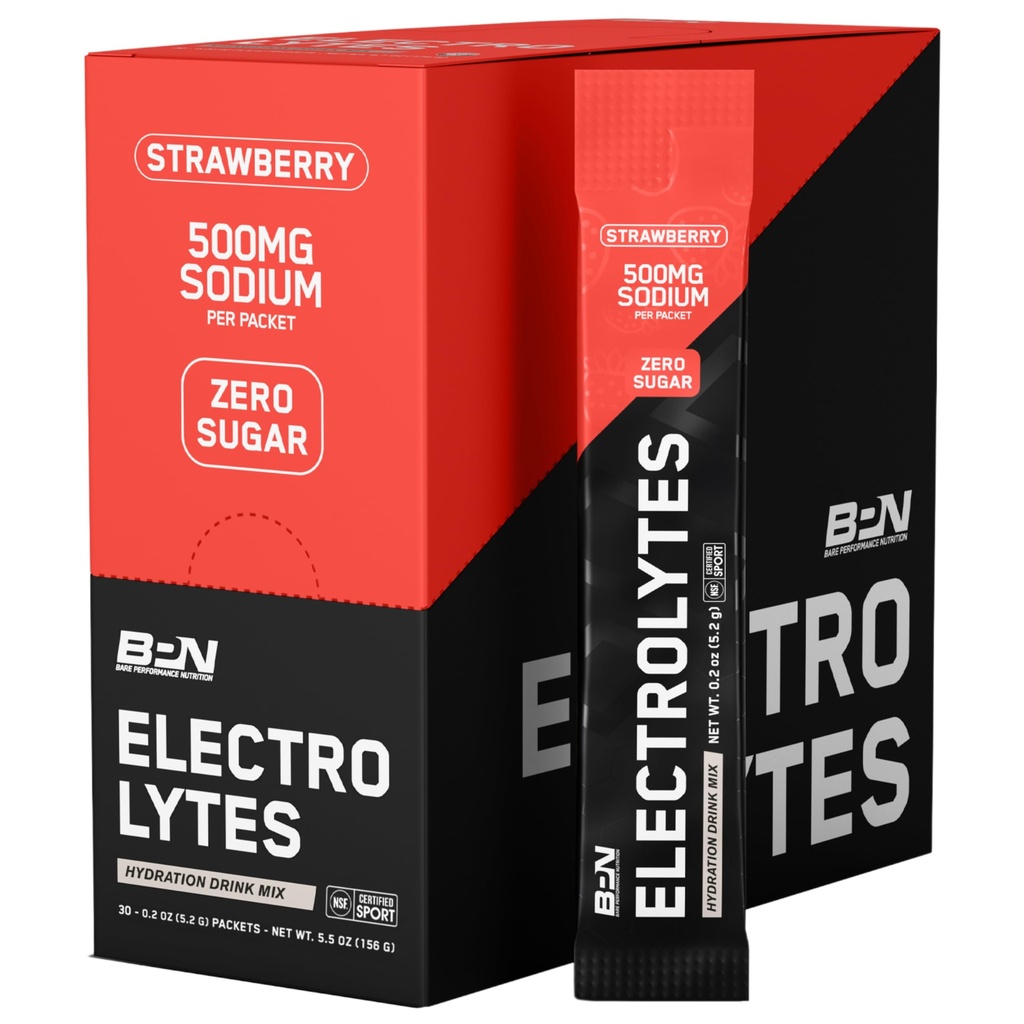 BARE DESEMPENHO NUTRITION BPN Eletrólitos Go Packs Hydration Drink Mix □ Açúcar Free Electrolyte Powder □ 500mg Sódio por serviço □ Naturalmente adoçado □ Morangos 30 Servings