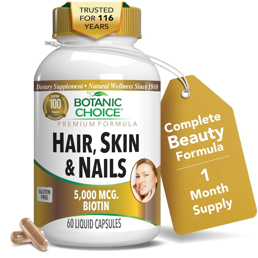 Botânica Escolha Pele e unhas Vitaminas - Suplemento de Biotina com Colágeno, Vitamina C, & Ferro - Super Antioxidante Mistura com Óleo de Argan & Ácido Hialurônico - 60 Cápsulas Líquidas