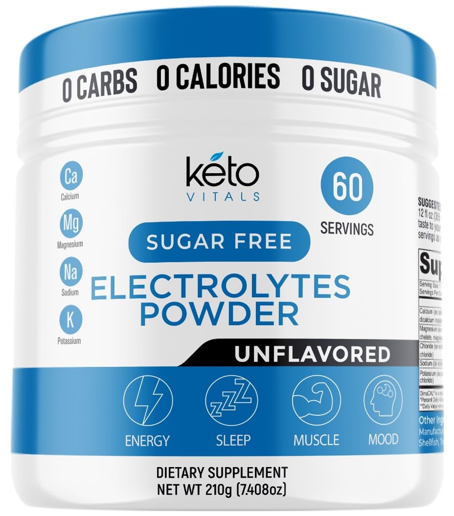 Keto Vitals Pó de Eletrólito sem sabor Keto-Friendly Eletrólitos com potássio, magnésio, sódio, cálcio Keto Eletrólitos Suplemento Drink Mix, zero calorias, zero carboidratos