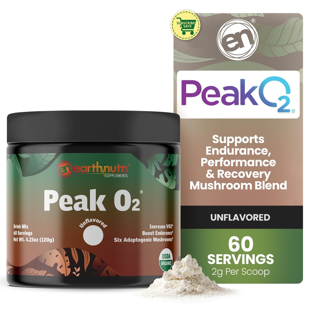 EarthNutri PeakO2 suplemento de treino - Suplemento de cogumelos para Endurance pré-treino e desempenho atlético – Sem aditivos, sem enchimentos – Suporta resistência, força e recuperação - 60 Servings