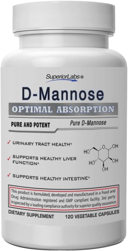 Laboratório Superior D-Mannose 500 mg, Puro Não-GMO Absorção Optimal Prebiótico, Trato urinário, Víbora e Rim ITU Suporte, Digestivo e Ajuda à Saúde do Fígado, alívio IC para mulheres e homens, 120 Veg Caps