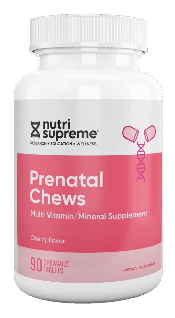 Nutri Supreme Vitamina Pré-natal, Vitaminas pré-natais mastigáveis para mulheres com 800 MCG de folato, gravidez completa multivitamin com ferro, Kosher, Cherry Flavor, 90 Conde