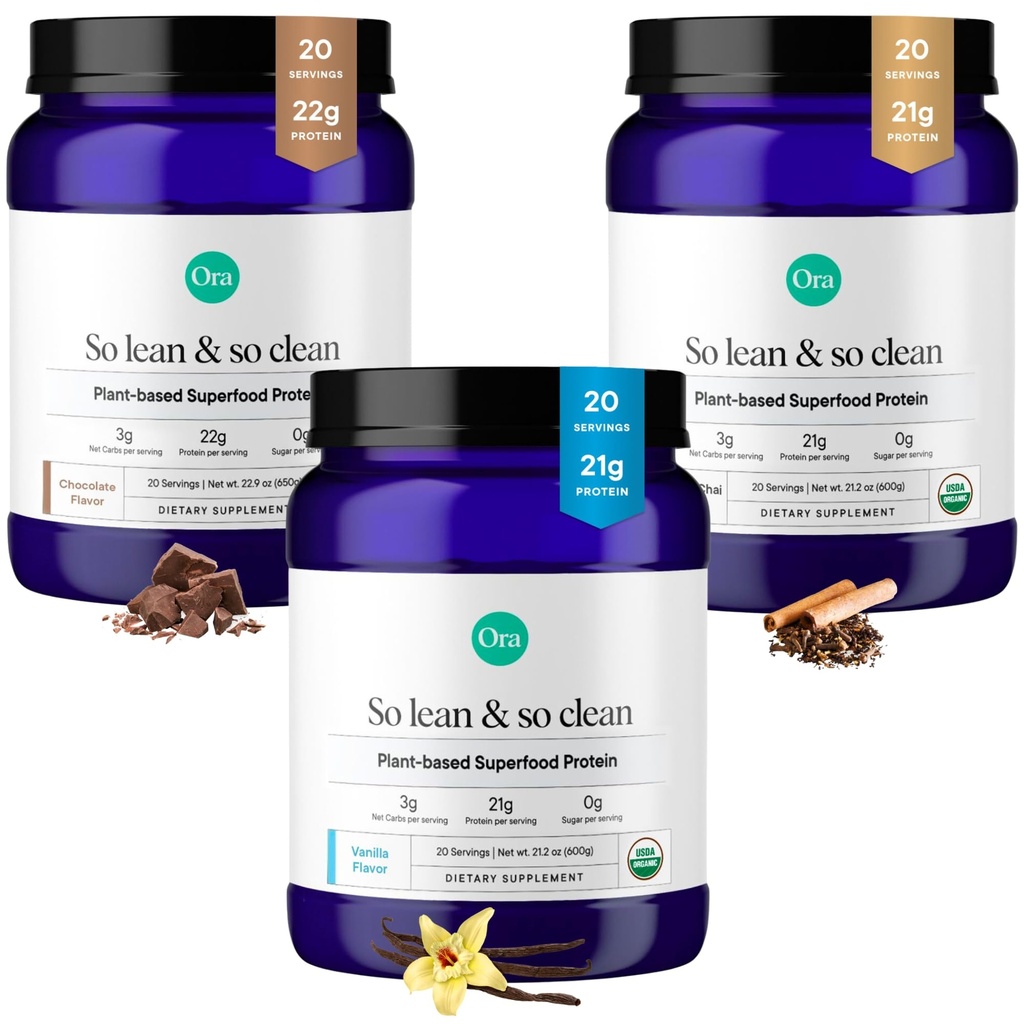 Baunilha em pó de proteína orgânica de ora, Chocolate & Baunilha Chai Bundle: 21g Based Planta, Baunilha, Baunilha Chai, 20 Servings + 22g Based Planta, Chocolate, 20 Servings