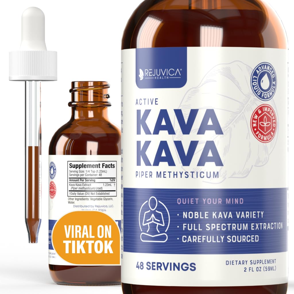 Rejuvica Health Kava Kava Root Extract Supplement - Active Kava Kava - Potent Relaxation & Calm - Liquid Extract - Piper Methysticum - Noble Variety - Naturalmente Ocorrendo Kavalactones - 48 Servings