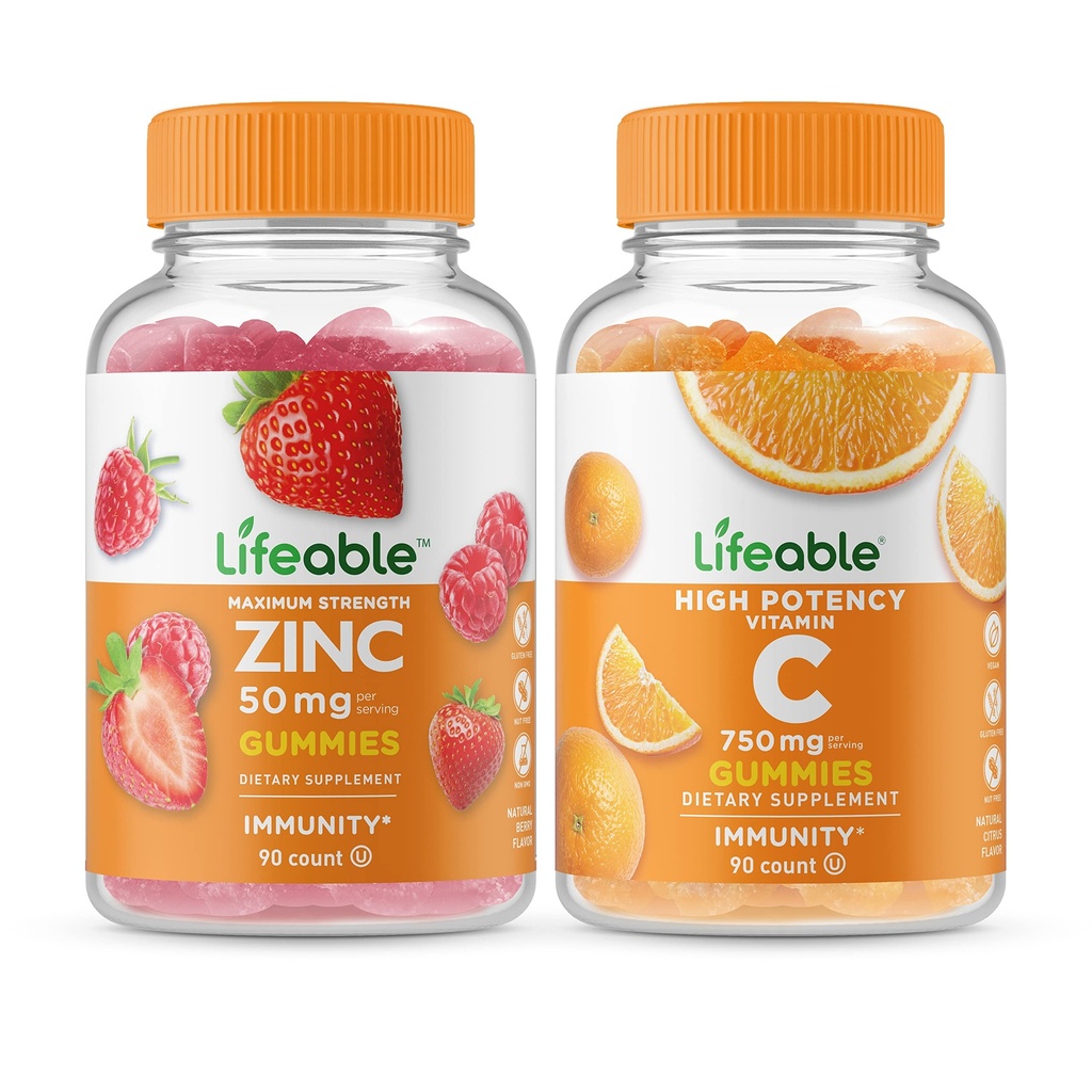 Zinco vitalável 50mg + Vitamina C 750mg, chicletes Bundle - Grande degustação, Suplemento de vitamina, Gluten Free, GMO livre, chiclete mastigável