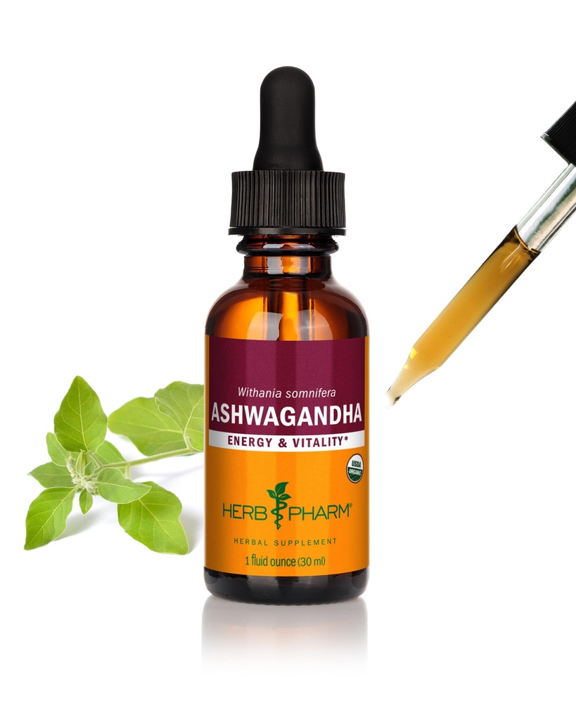 Herb Pharm Certified Organic Ashwagandha Extract for Energy and Vitality, Grain, Organic Cane Alcohol, 1 Once