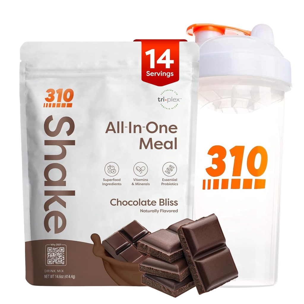 310 Nutrição All-in-One Replacement Shake Powder w / Shaker Cup Starter Kit - Alta fibra de proteína rico Vegan Superfood Mistura - Açúcar-Livre, Keto & Paleo Friendly, Low Carb - Chocolate Bliss 14 srv