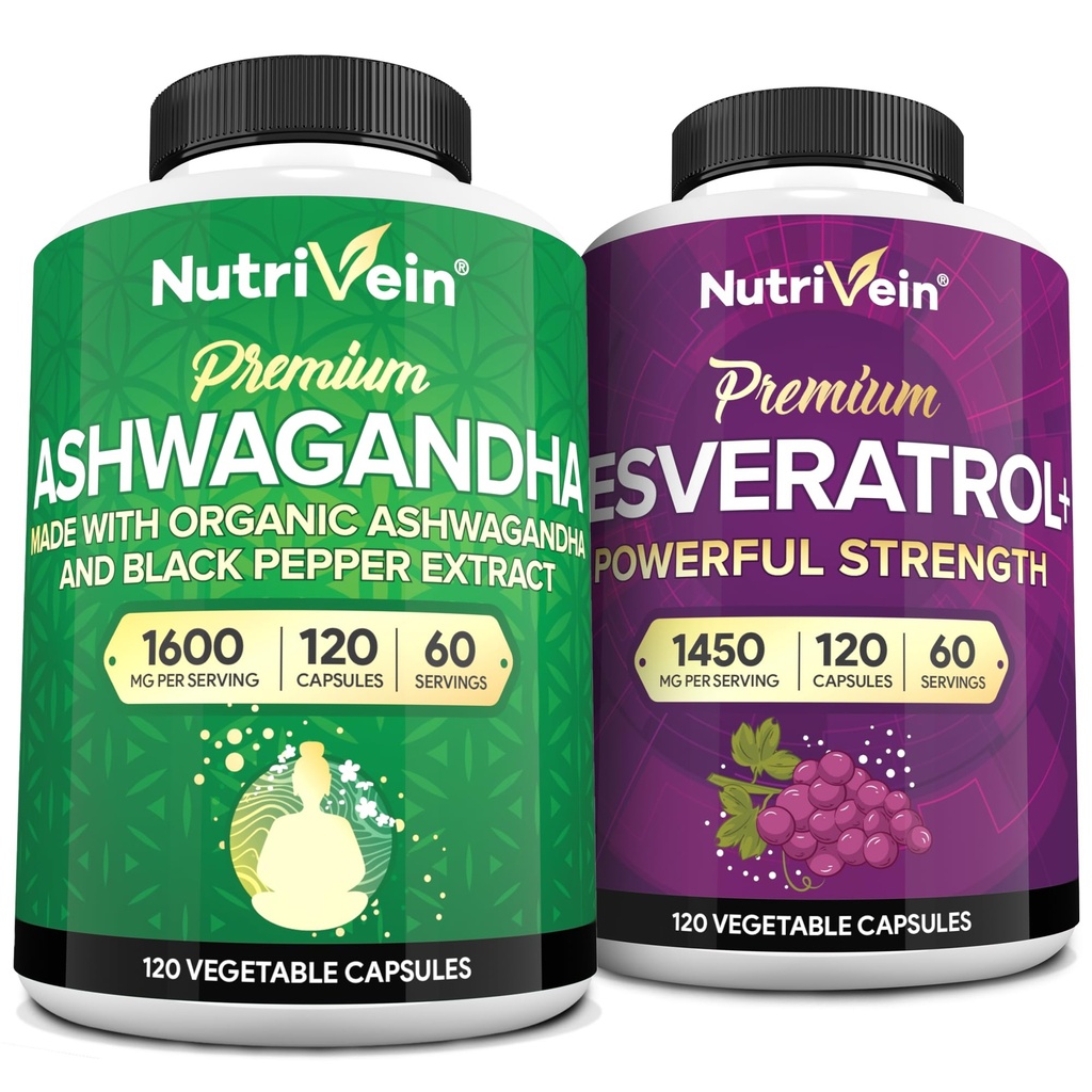 Nutrivein Premium Ashwagandha Cápsulas e Suplemento Resveratrol Pacote: Cápsulas Resveratrol de alta absorção e Suplementos Ashwagandha para Equilíbrio, Vitalidade, & Reparação