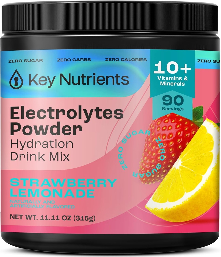 KEY NUTRIENTS Electrolytes Powder No Sugar - Juicy Strawberry Limonada Electrolyte Powder - Hydration Powder - Sem calorias, sem glúten Keto Electrolytes Powder - 90 Servings - Made in USA