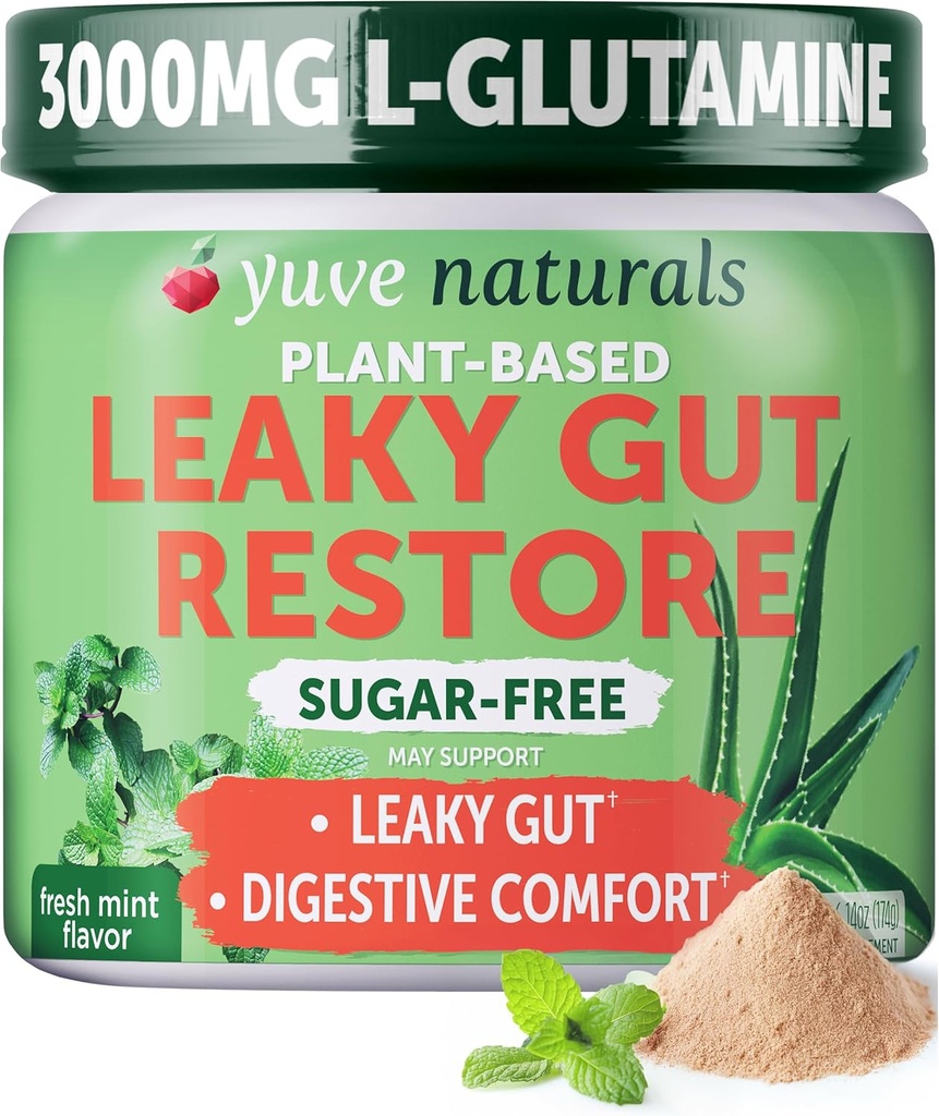 Yuve Gut Saúde Restauração, Vegan & Não-GMO Vazamento Gut Repair Suplementos, Ajuda a aliviar o inchaço, Azia, Obstipação, Gás & SIBO, com L-Glutamina, Alcaçuz, & Aloe, Pharmaceutical Grade, 30 Servs