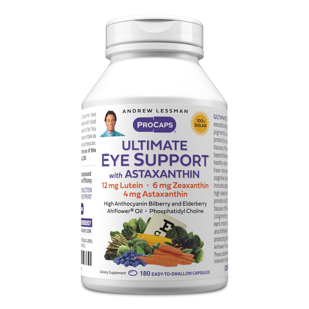 ANDREW LESSMAN Ultimate Eye Support com Astaxantina 180 Softgels - 12mg Lutein, 6mg Zeaxanthin, 4mg Astaxantina, Bilberry. Nutrientes-chave para apoiar a saúde ocular, promover uma visão saudável. Sem aditivos