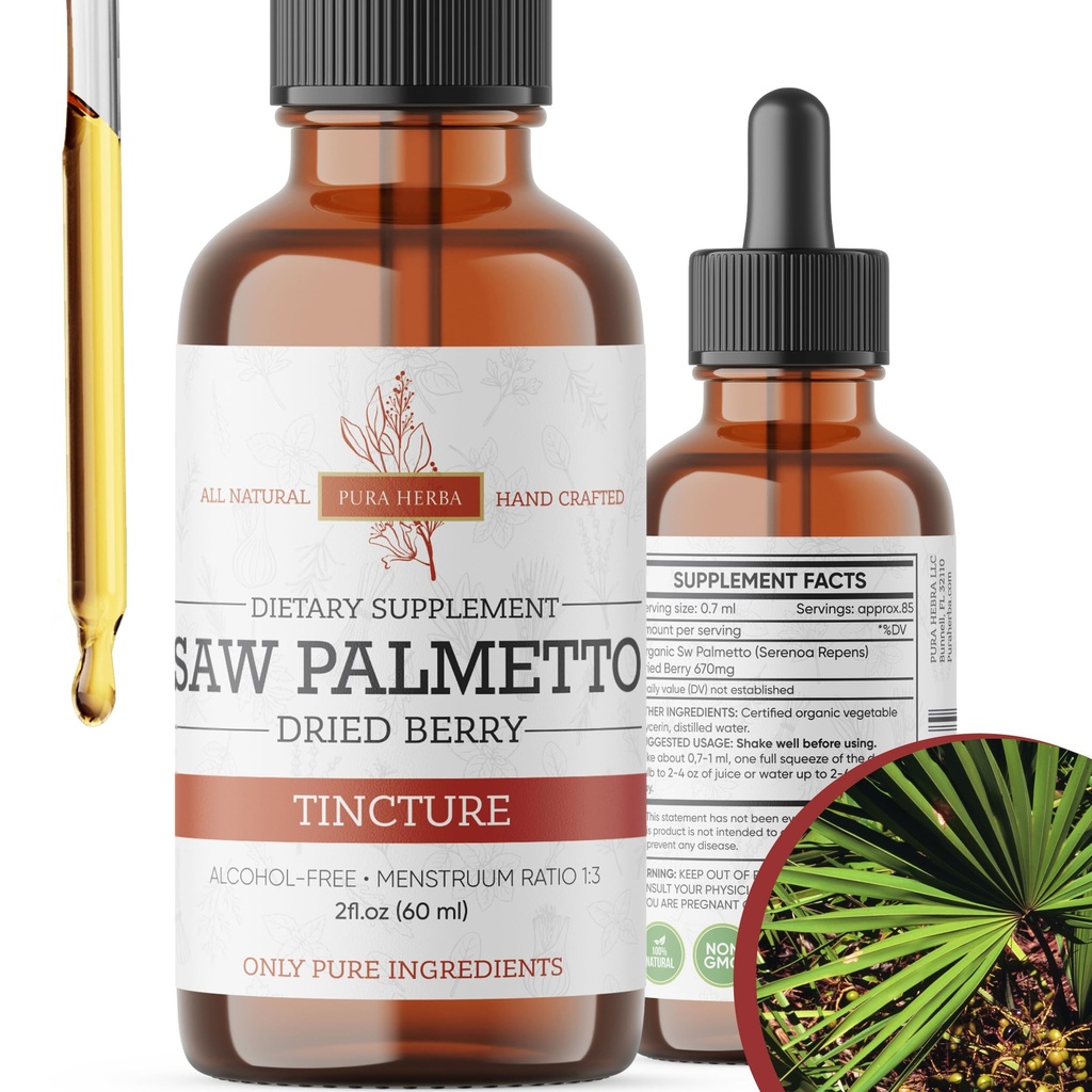 Saw Palmetto Tintura Premium Extrato de Ervas sem Álcool de Saw Palmetto Berries Suplemento Botânico Líquido Fórmula Tradicional de Ervas Made in USA - 2 oz (60 ml)