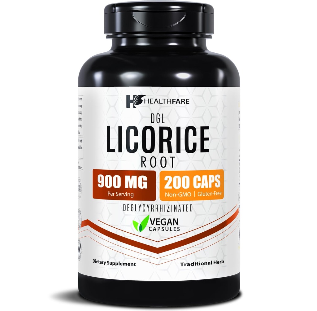 Healthfare Alcaçuz Raiz Extract 900mg 200 Vegan Cápsulas DGL Suplemento □ Fórmula de ervas de força extra □ Não-GMO, Gluten-Free .