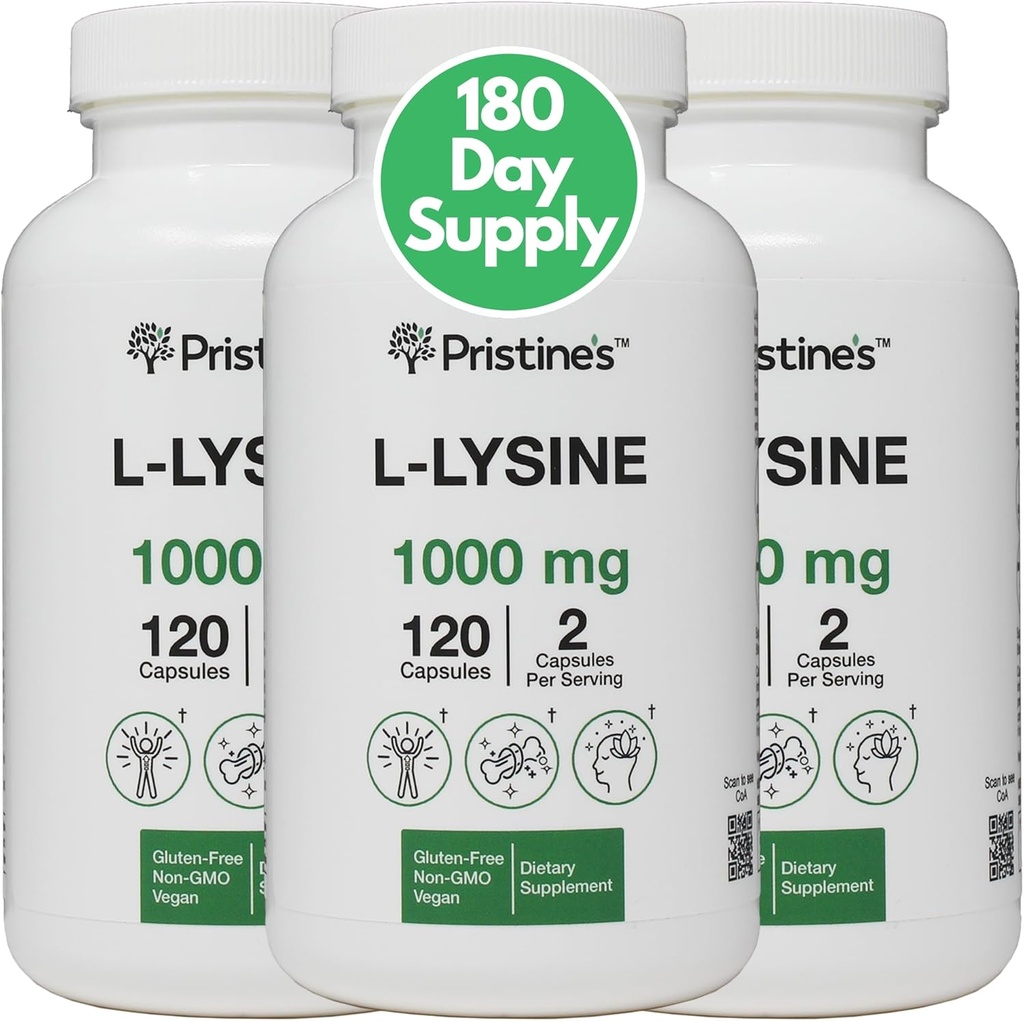 L Lysine 1000mg da PRISTINE (3 Pack) Lip & Gum Saúde Essential Amino Acid Imunidade Suporte Suplemento Cápsulas -180 Dia Fornecimento Músculo & Suporte Tecido - Produção de colágeno - Vegan Gluten Free Non GMO