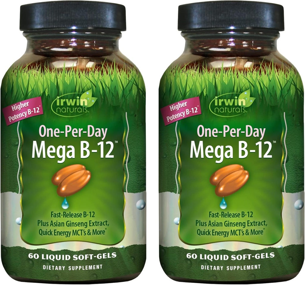 Irwin Naturals One-Per-Day Mega B-12 1.500mcg Vitamina de alta potência Metilcobalamina - Absorção rápida aumentada com MCT + Ginseng asiático - Energia Natural Boost - 60 Softgels líquidos (Pacote de 2)