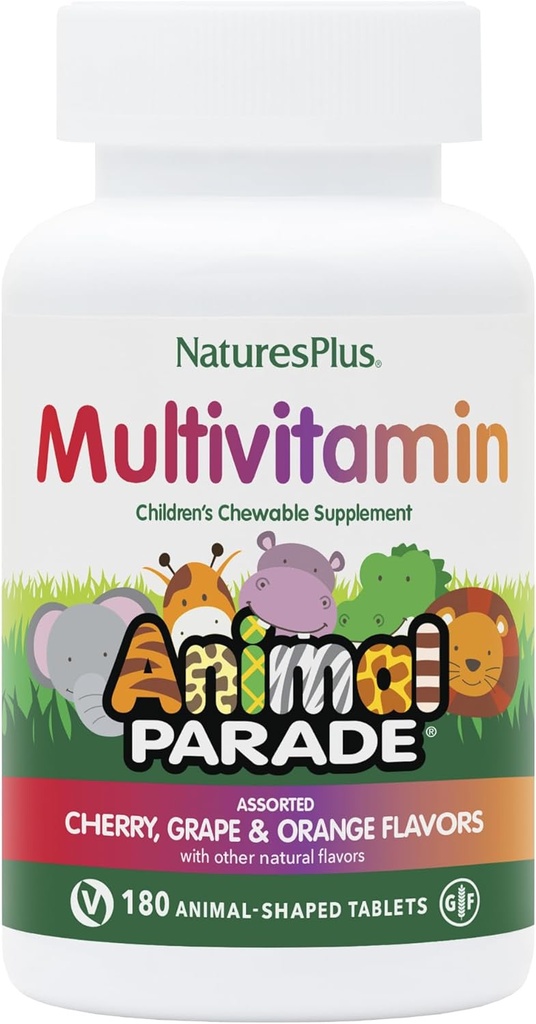 NaturezasPlus Animal Desfile Multivitamina mastigável de crianças - 180 Comprimidos em forma de animal, Pacote de 3 - sabores naturais variados - Vegan, Sem glúten - 270 Total Servings