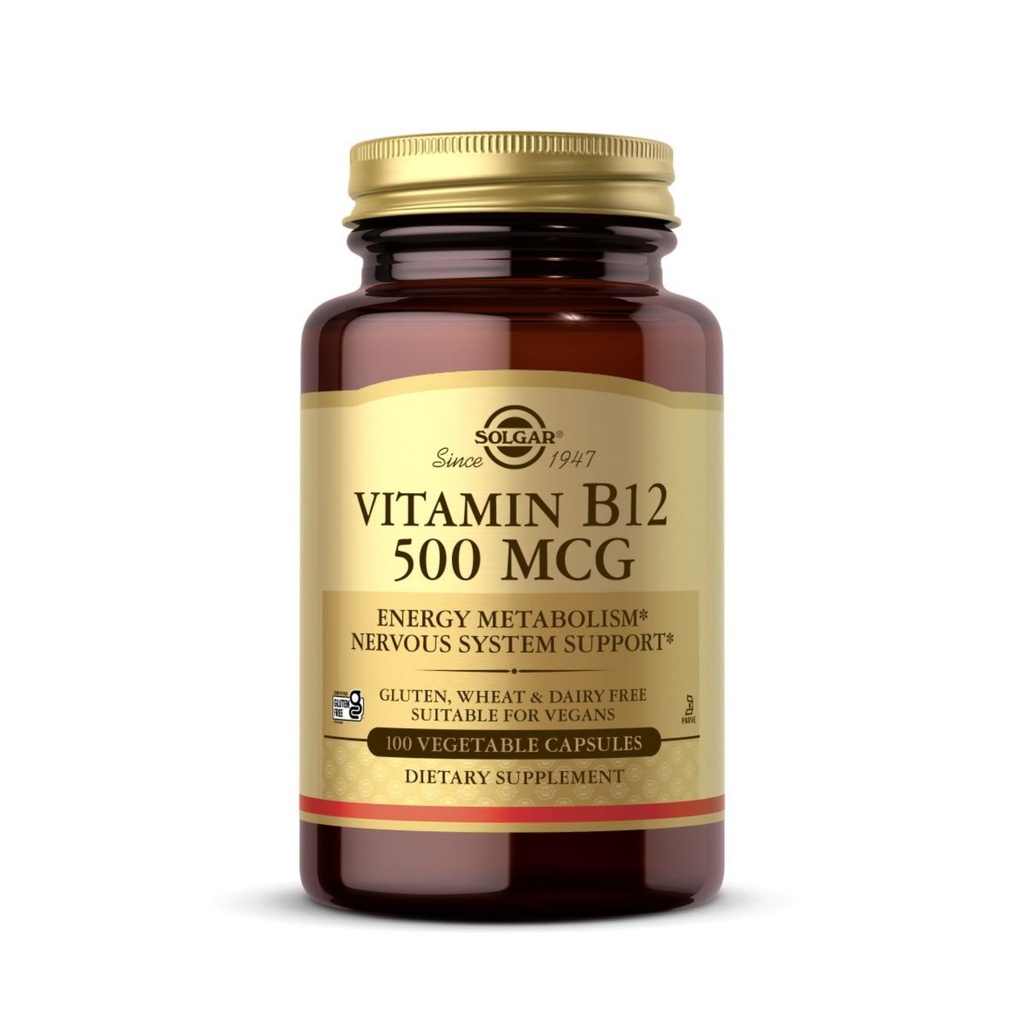 Solgar Vitamina B12 500 mcg - 100 Cápsulas Vegetais - Metabolismo Energia e Sistema Nervoso Suporte - Não-GMO, Vegan, Gluten & Dairy Free, Kosher, Halal - 100 Servings